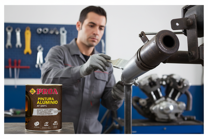 Mecânico a aplicar PROA Tinta Alumínio 600º em tubo de escape