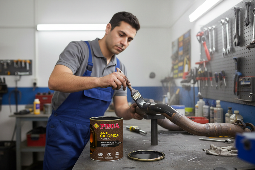 Mecânico a aplicar PROA Tinta Preta 450ºC com pincel em tubo de escape