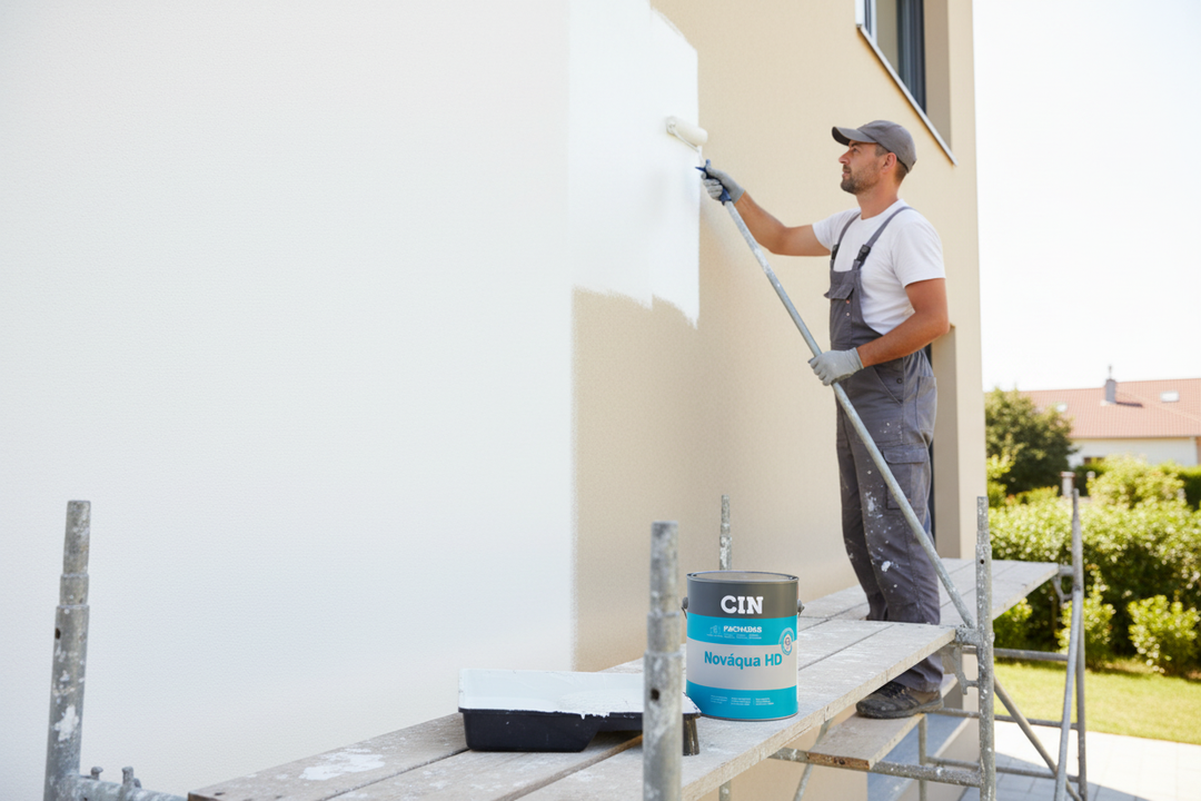 Pintor a aplicar CIN Nováqua HD em fachada exterior com rolo