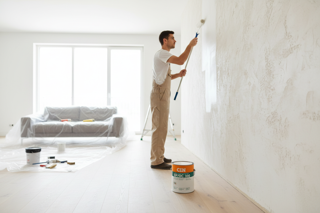 Pintor a aplicar primário CIN EP/GC 300 em estuque numa remodelação