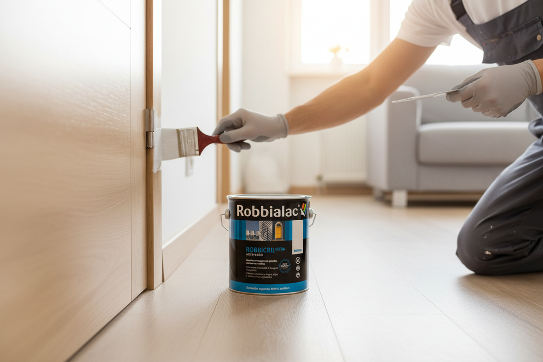 Pintor a aplicar Robbicril Ultra em madeira interior com trincha