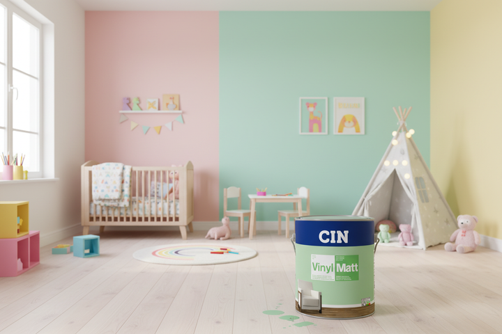 Quarto de criança com paredes em pastéis mate e lata real CIN Vinylmatt em evidência