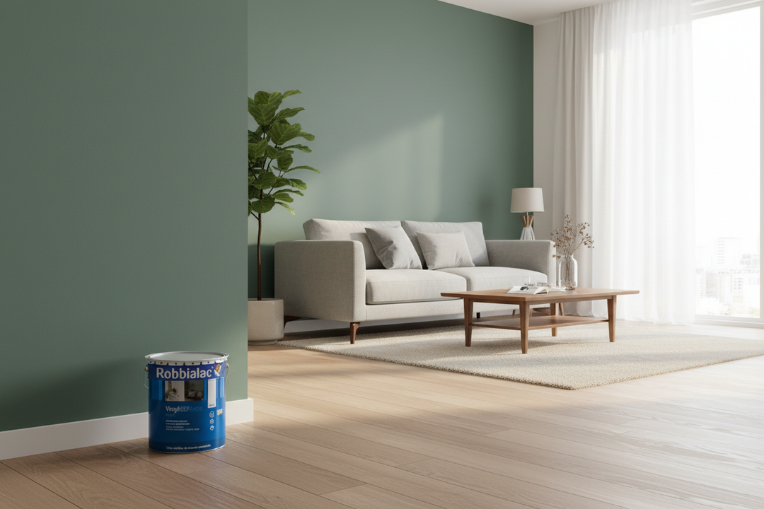 Sala moderna com parede verde sage mate e lata VINYLREP EXTRA