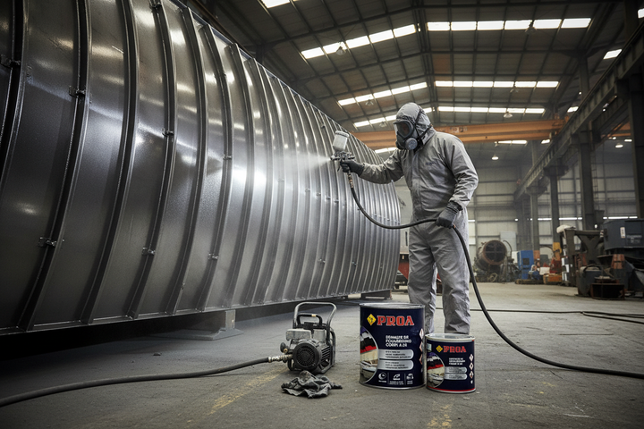 Worker a aplicar PROA Esmalte 2K com pistola em estrutura industrial ou naval