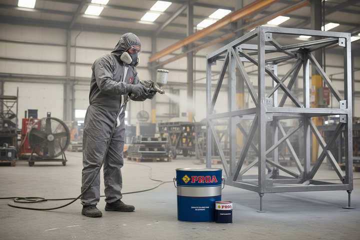 Worker a aplicar PROA Esmalte 2K com pistola em estrutura industrial